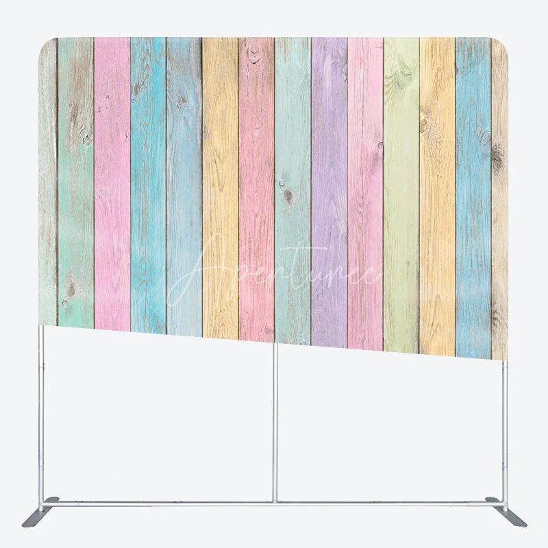 Aperturee - Aperturee Pastel Rainbow Wood Planks Double-Sided Tension Fabric Backdrop Shabby Chic Wall Easter Party Photo Booth
