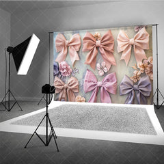 Aperturee - Aperturee Pastel Ribbon Bows Fine Art Backdrop Pink Lavender Peach Bowknot Soft Background Newborn Girl Photography Prop