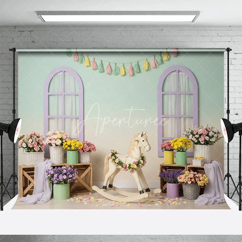 Aperturee - Aperturee Pastel Room Rocking Horse Combo Set Backdrop Spring Floral Nursery Photography Background
