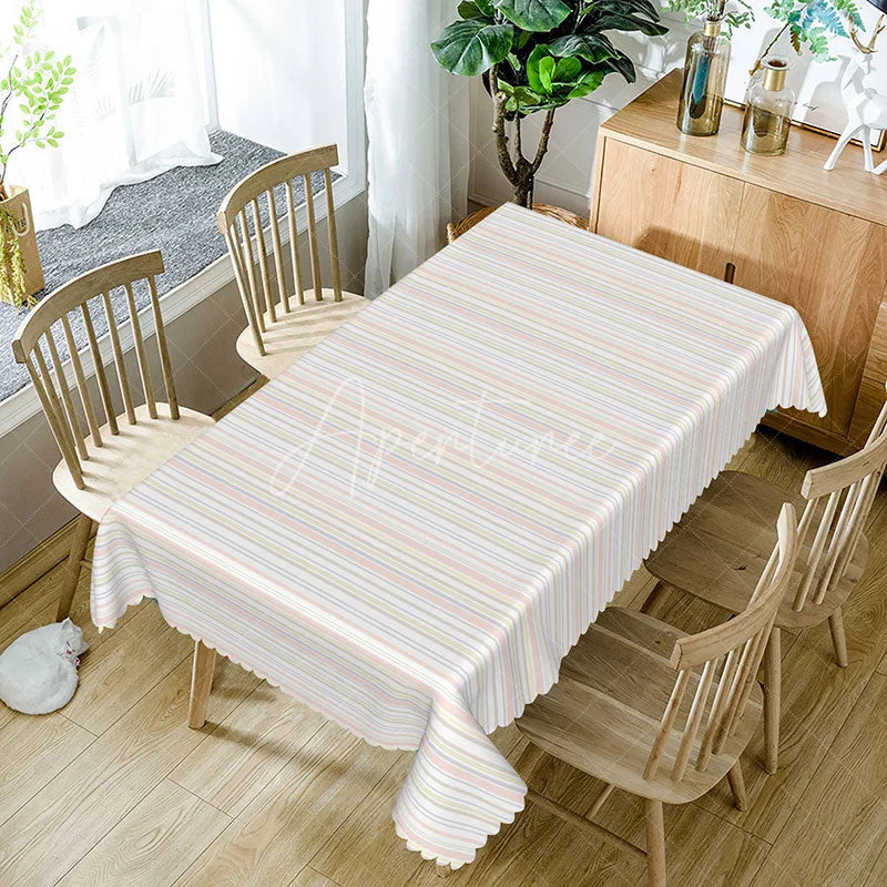 Aperturee - Aperturee Pastel Stripe Rectangle Tablecloth Simple Pink Grey and Beige Thin Stripes Modern Minimalist Kitchen Decor
