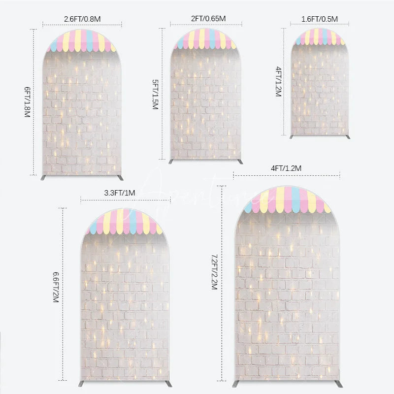 Aperturee - Aperturee Pastel Striped Awning White Brick Wall Round Top Arch Backdrop with String Lights Carnival Party Decor
