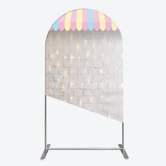 Aperturee - Aperturee Pastel Striped Awning White Brick Wall Round Top Arch Backdrop with String Lights Carnival Party Decor