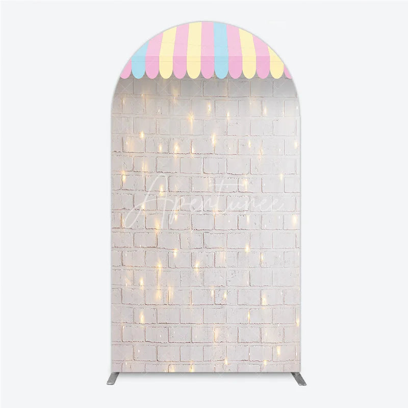 Aperturee - Aperturee Pastel Striped Awning White Brick Wall Round Top Arch Backdrop with String Lights Carnival Party Decor