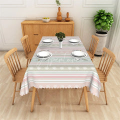 Aperturee - Aperturee Pastel Striped Rectangle Tablecloth with Floral Scalloped Edge Elegant Dining and Party Decor
