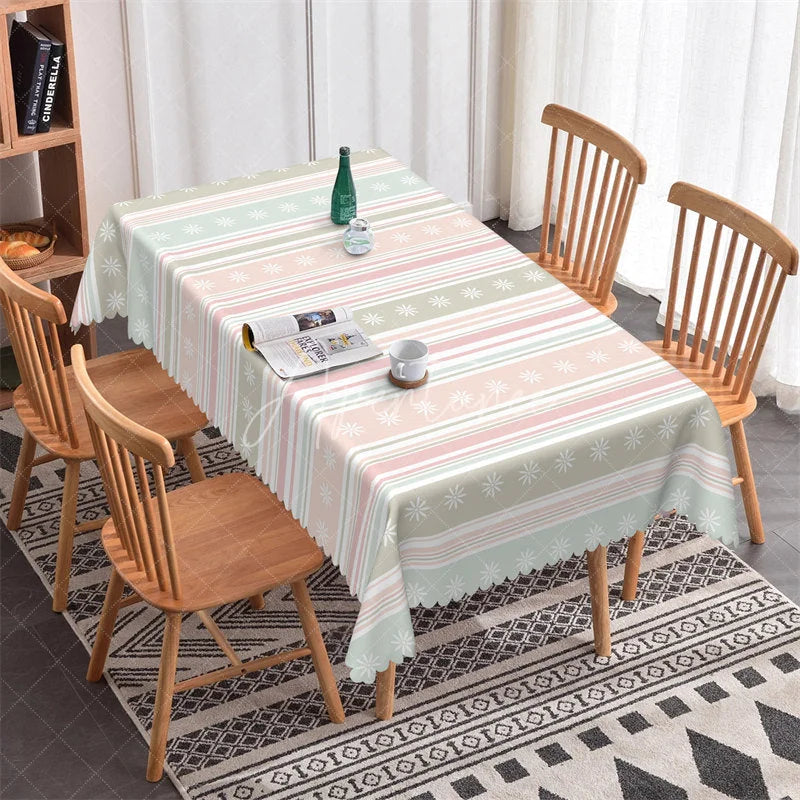 Aperturee - Aperturee Pastel Striped Rectangle Tablecloth with Floral Scalloped Edge Elegant Dining and Party Decor