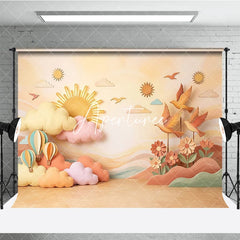 Aperturee - Aperturee Pastel Sun and Clouds Photography Backdrop Whimsical Hot Air Balloons and Birds for Baby Shower Decor