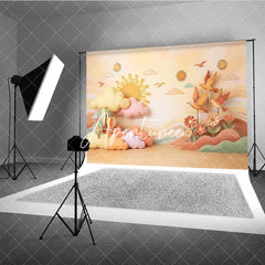 Aperturee - Aperturee Pastel Sun and Clouds Photography Backdrop Whimsical Hot Air Balloons and Birds for Baby Shower Decor