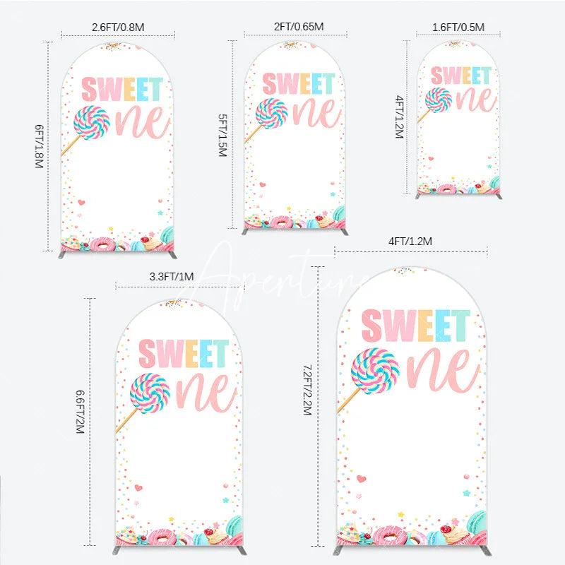Aperturee - Aperturee Pastel Sweet One Lollipop Macaron Donut Cupcake Round Top Arch Backdrop First Birthday Party Decor