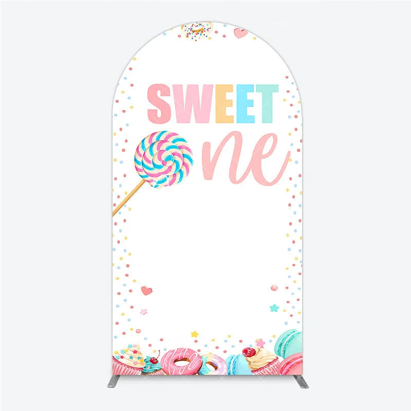 Aperturee - Aperturee Pastel Sweet One Lollipop Macaron Donut Cupcake Round Top Arch Backdrop First Birthday Party Decor