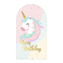 Aperturee - Aperturee Pastel Unicorn Happy Birthday Arch Backdrop Cute Gold Horn Floral Eyelash Girls Princess Party Decoration