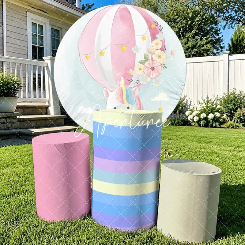 Aperturee - Aperturee Pastel Unicorn Hot Air Balloon Round Backdrop Kit with Flowers and Stars Dreamy Baby Shower Party Decor