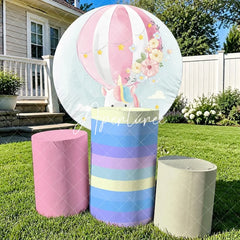 Aperturee - Aperturee Pastel Unicorn Hot Air Balloon Round Backdrop Kit with Flowers and Stars Dreamy Baby Shower Party Decor