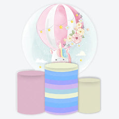 Aperturee - Aperturee Pastel Unicorn Hot Air Balloon Round Backdrop Kit with Flowers and Stars Dreamy Baby Shower Party Decor