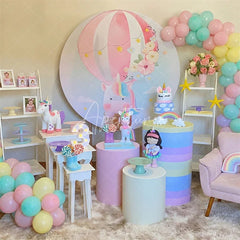 Aperturee - Aperturee Pastel Unicorn Hot Air Balloon Round Backdrop Kit with Flowers and Stars Dreamy Baby Shower Party Decor