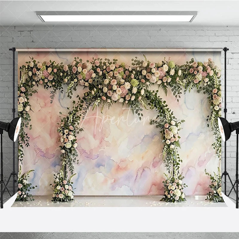 Aperturee - Aperturee Pastel Watercolor Floral Arch Photography Backdrop Elegant Roses and Greenery for Wedding Celebration