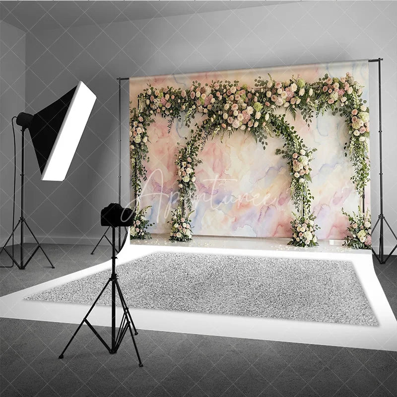 Aperturee - Aperturee Pastel Watercolor Floral Arch Photography Backdrop Elegant Roses and Greenery for Wedding Celebration