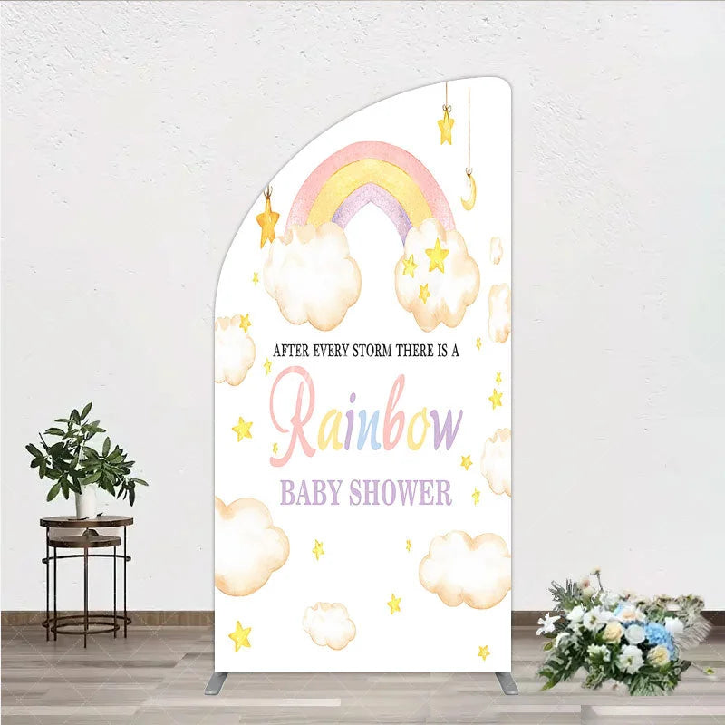 Aperturee - Aperturee Pastel Watercolor Rainbow and Clouds Half Moon Arch Backdrop Dreamy Stars Baby Shower Party Decor