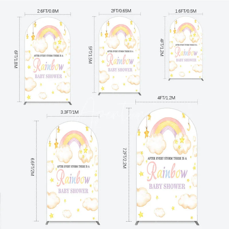 Aperturee - Aperturee Pastel Watercolor Rainbow and Clouds Round Top Arch Backdrop Dreamy Stars Baby Shower Party Decor