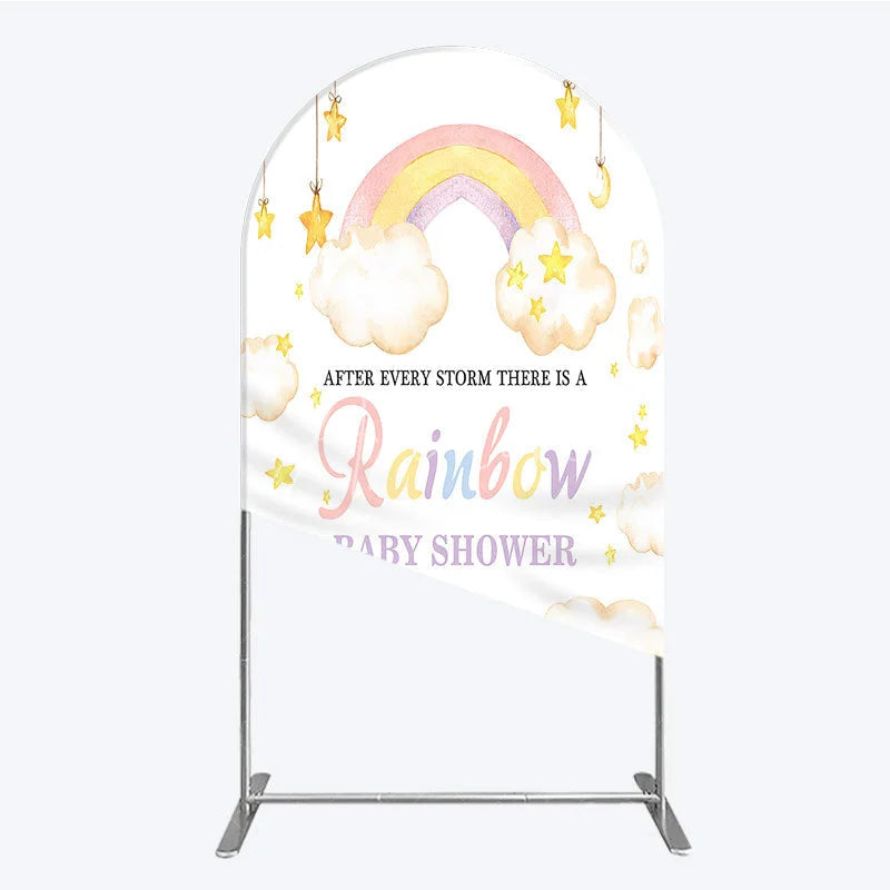 Aperturee - Aperturee Pastel Watercolor Rainbow and Clouds Round Top Arch Backdrop Dreamy Stars Baby Shower Party Decor