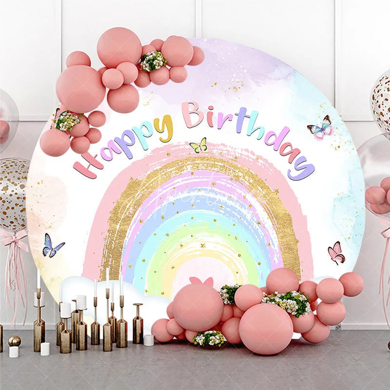 Aperturee - Aperturee Pastel Watercolor Rainbow Happy Birthday Round Backdrop Golden Glitter Butterflies and Clouds Party Decor