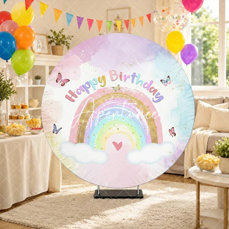 Aperturee - Aperturee Pastel Watercolor Rainbow Happy Birthday Round Backdrop Golden Glitter Butterflies and Clouds Party Decor