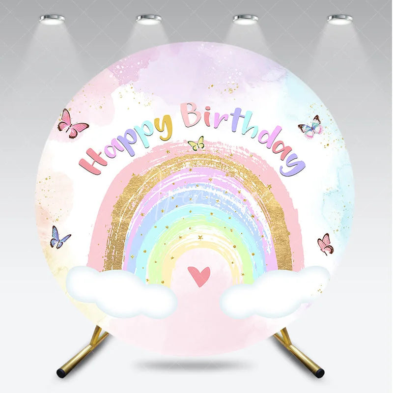 Aperturee - Aperturee Pastel Watercolor Rainbow Happy Birthday Round Backdrop Golden Glitter Butterflies and Clouds Party Decor