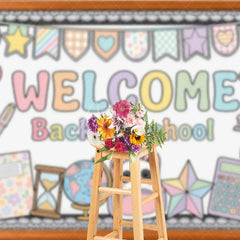 Aperturee - Aperturee Pastel Welcome Back to School Holiday Backdrop with Cute Panda Backpack Globe and Classroom Supplies Decor
