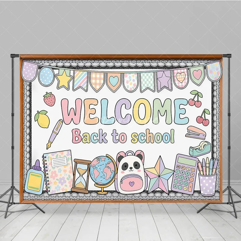 Aperturee - Aperturee Pastel Welcome Back to School Holiday Backdrop with Cute Panda Backpack Globe and Classroom Supplies Decor