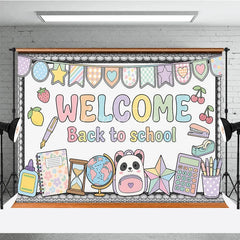 Aperturee - Aperturee Pastel Welcome Back to School Holiday Backdrop with Cute Panda Backpack Globe and Classroom Supplies Decor