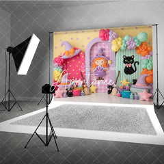 Aperturee - Aperturee Pastel Witch and Black Cat Photography Backdrop with Stars Balloons and Potions for Halloween Party Decor