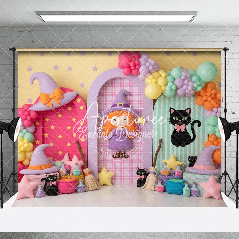 Aperturee - Aperturee Pastel Witch and Black Cat Photography Backdrop with Stars Balloons and Potions for Halloween Party Decor