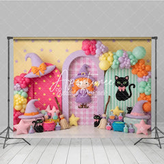 Aperturee - Aperturee Pastel Witch and Black Cat Photography Backdrop with Stars Balloons and Potions for Halloween Party Decor