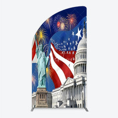 Aperturee - Aperturee Patriotic American Flag Half Moon Arch Backdrop with Statue of Liberty and Capitol Building Festive Celebration Decor