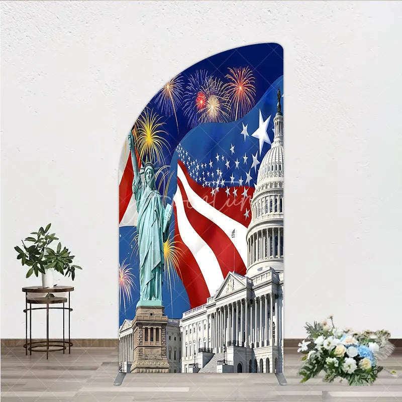 Aperturee - Aperturee Patriotic American Flag Half Moon Arch Backdrop with Statue of Liberty and Capitol Building Festive Celebration Decor