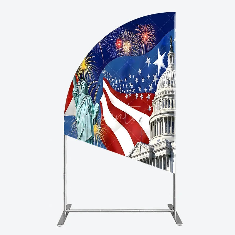 Aperturee - Aperturee Patriotic American Flag Half Moon Arch Backdrop with Statue of Liberty and Capitol Building Festive Celebration Decor