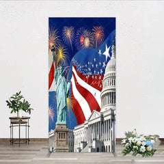 Aperturee - Aperturee Patriotic American Flag Rectangle Arch Backdrop featuring the Statue of Liberty and Capitol Building