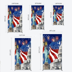 Aperturee - Aperturee Patriotic American Flag Rectangle Arch Backdrop featuring the Statue of Liberty and Capitol Building