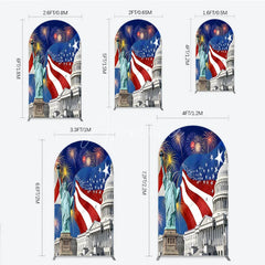 Aperturee - Aperturee Patriotic American Flag Round Top Arch Backdrop with Statue of Liberty and Capitol Sparkling Light Bursts Celebration