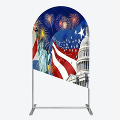 Aperturee - Aperturee Patriotic American Flag Round Top Arch Backdrop with Statue of Liberty and Capitol Sparkling Light Bursts Celebration