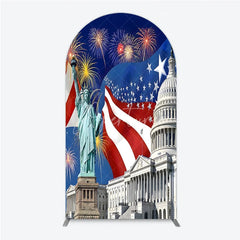 Aperturee - Aperturee Patriotic American Flag Round Top Arch Backdrop with Statue of Liberty and Capitol Sparkling Light Bursts Celebration