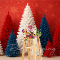 Aperturee - Aperturee Patriotic Christmas Photography Backdrop with Red White and Blue Trees American Holiday Party Decor