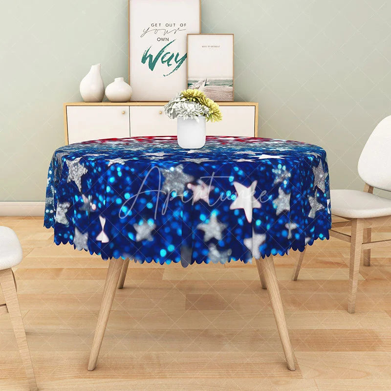 Aperturee - Aperturee Patriotic Red White and Blue Glitter Stars Round Tablecloth for 4th of July and Memorial Day Party