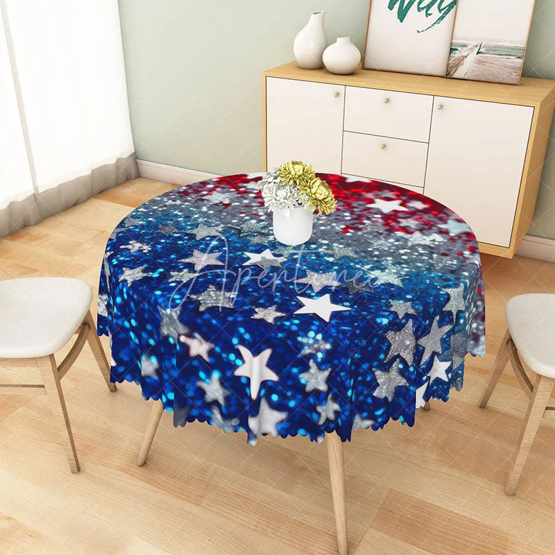 Aperturee - Aperturee Patriotic Red White and Blue Glitter Stars Round Tablecloth for 4th of July and Memorial Day Party