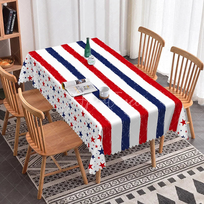 Aperturee - Aperturee Patriotic Red White and Blue Striped and Star Rectangle Tablecloth for 4th of July Independence Day Party Decor