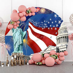 Aperturee - Aperturee Patriotic Statue of Liberty and US Capitol Round Backdrop American Flag and Fireworks for Independence Day Celebration