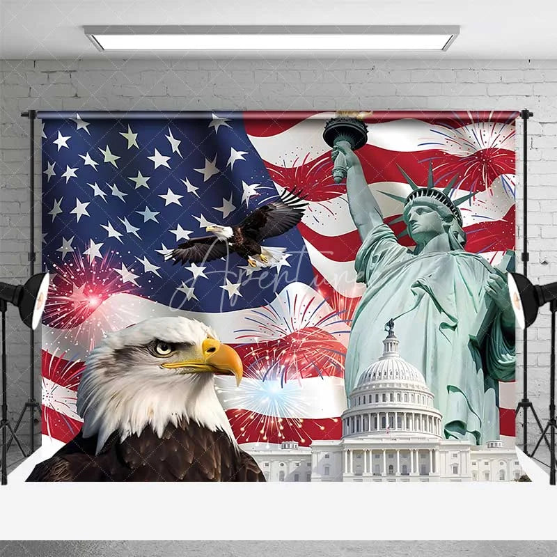 Aperturee - Aperturee Patriotic USA Independence Day Backdrop Statue of Liberty and Bald Eagle Background American Landmarks Decor