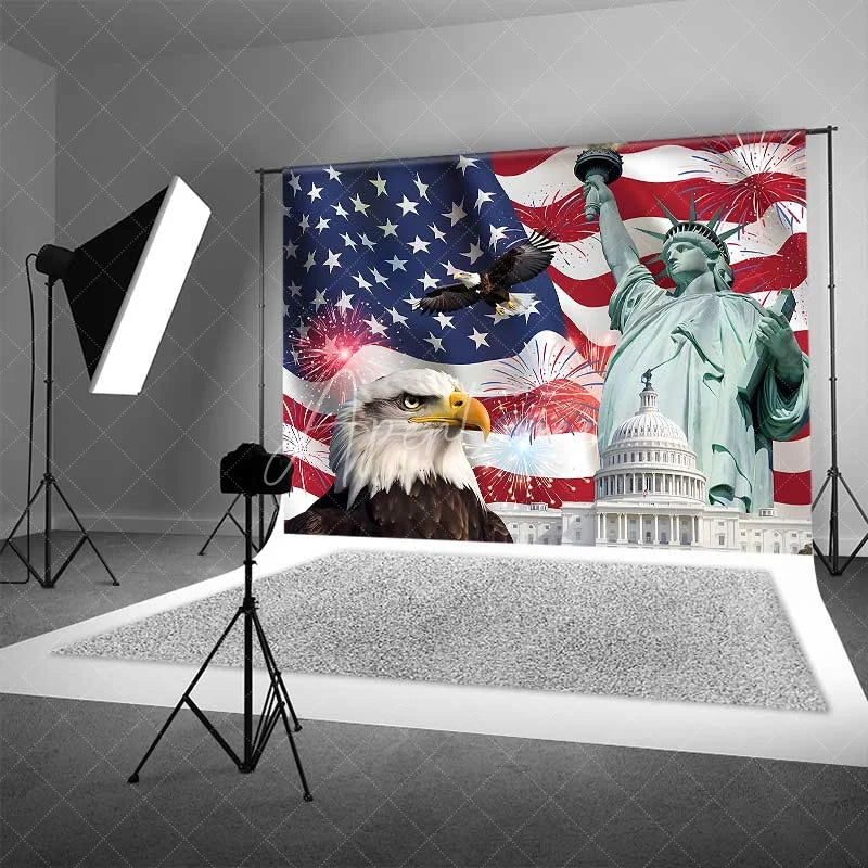 Aperturee - Aperturee Patriotic USA Independence Day Backdrop Statue of Liberty and Bald Eagle Background American Landmarks Decor