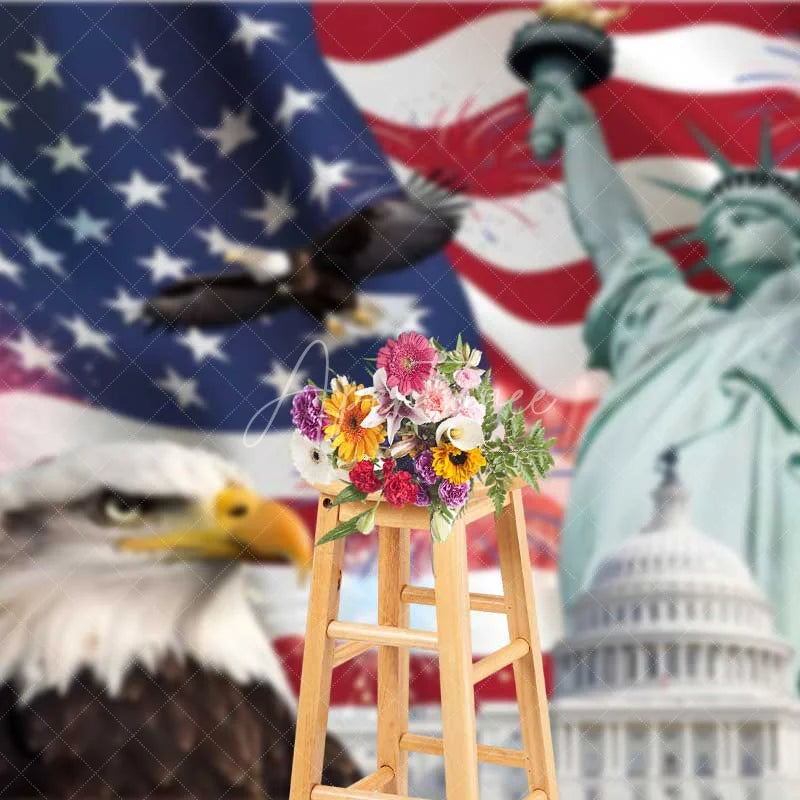 Aperturee - Aperturee Patriotic USA Independence Day Backdrop Statue of Liberty and Bald Eagle Background American Landmarks Decor
