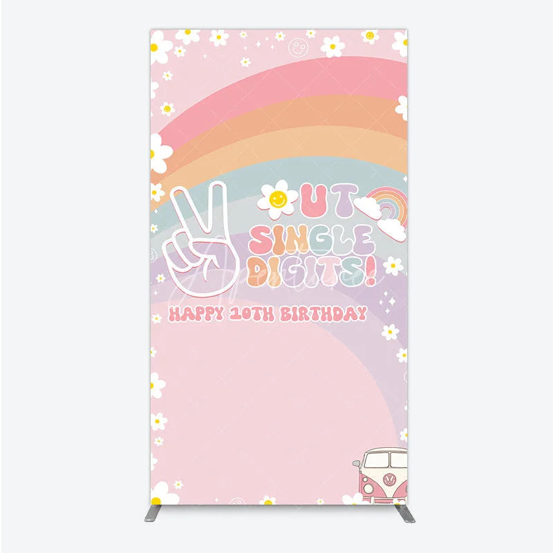 Aperturee - Aperturee Peace Out Single Digits 10th Birthday Rectangle Backdrop Groovy 70s Retro Theme VW Bus and Rainbow Party Decor