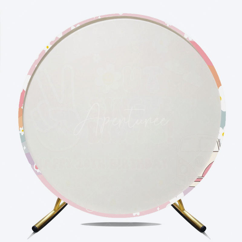 Aperturee - Aperturee Peace Out Single Digits 10th Birthday Round Backdrop Groovy 70s Retro Theme VW Bus and Rainbow Party Decor